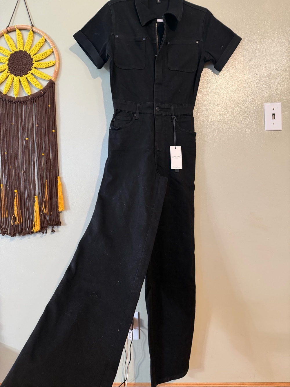 Judy Blue Black Denim boot cut Jumpsuit Jeans   Zip Short Sleeve Stretch S NWT
